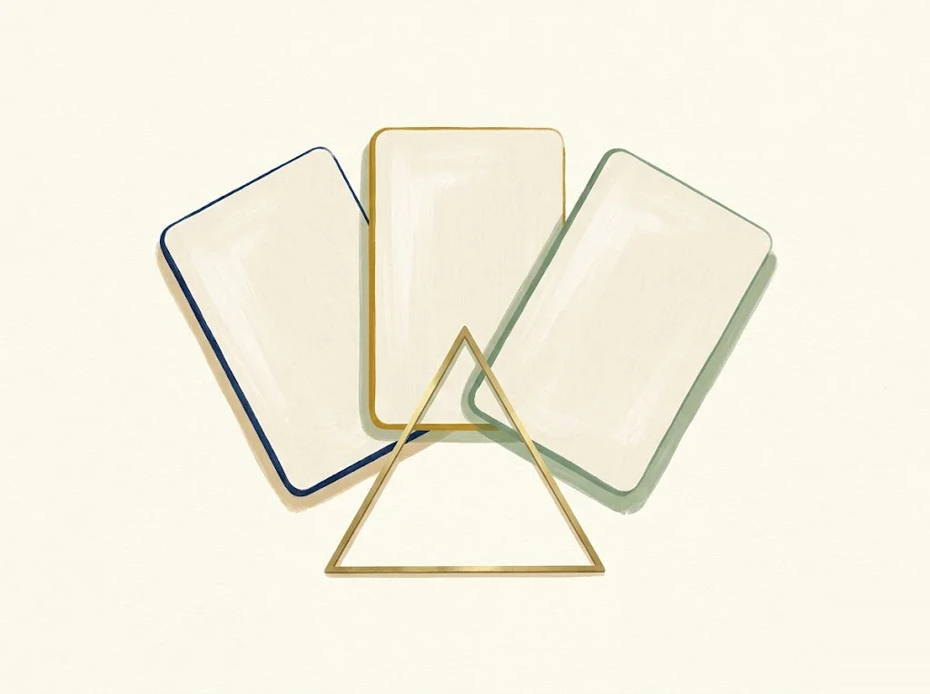 Three cream credit cards fanned out on paper cream, each with a navy, mustard-gold, or sage accent edge, linked by a thin brass triangle — a coordinated credit card stack where each card covers a different earning role.