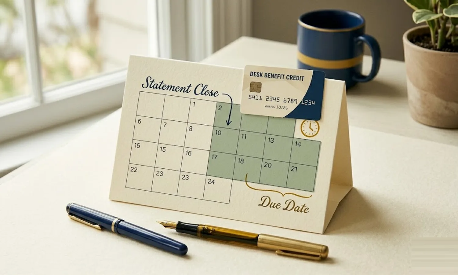 Desk calendar on cream paper with a 21-day span highlighted between statement close and due date, a credit card beside a clock icon — grace period mechanics explained.