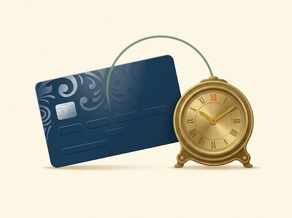 Editorial illustration of a credit card product change next to a sign-up-bonus eligibility clock, showing the downgrade does not reset welcome-bonus eligibility
