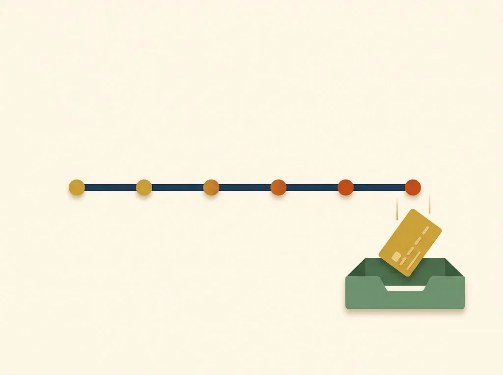 Editorial illustration of a six-month delinquency timeline counting down to when a credit card charges off at 180 days past due, with stage markers at 30, 60, 90, 120, 150 and 180 days.