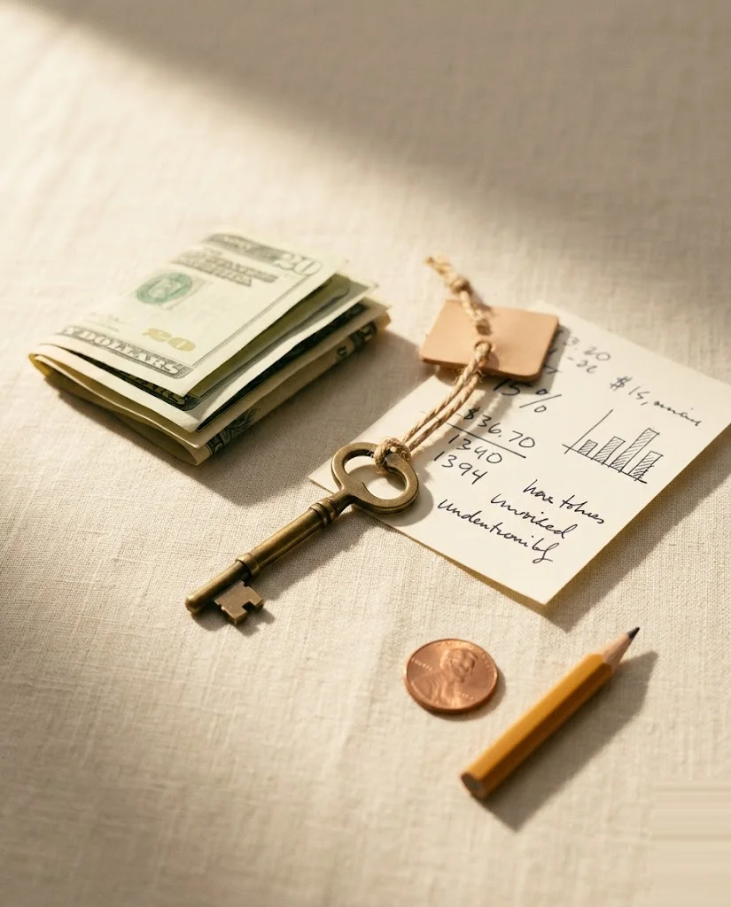 Editorial still life photograph: folded US dollar bills, a vintage brass key with a leather tag, a handwritten notecard with a small bar chart and dollar figures, a single Lincoln penny and a yellow pencil arranged on a cream linen tablecloth in warm golden-hour light.