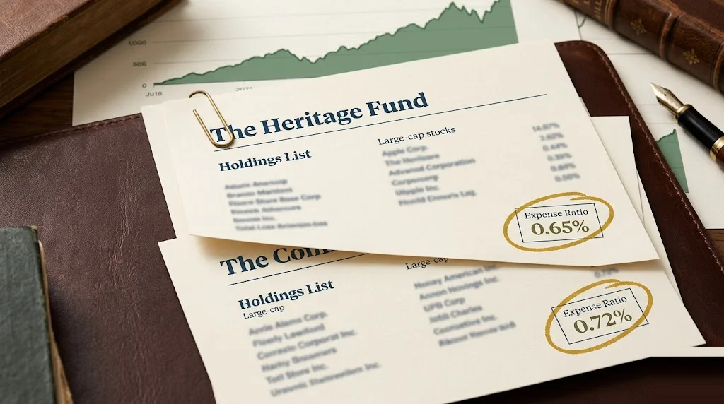 Two fund fact sheets overlaid on a leather pad with the same holdings, the lower-corner expense ratios circled in mustard (one slightly higher) — index mutual fund versus ETF expense-ratio comparison.