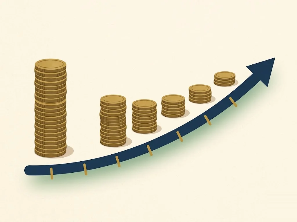 One tall stack of coins dropped at once beside a stepped trickle of smaller stacks along a rising navy timeline on cream paper — lump-sum investing versus dollar-cost averaging.