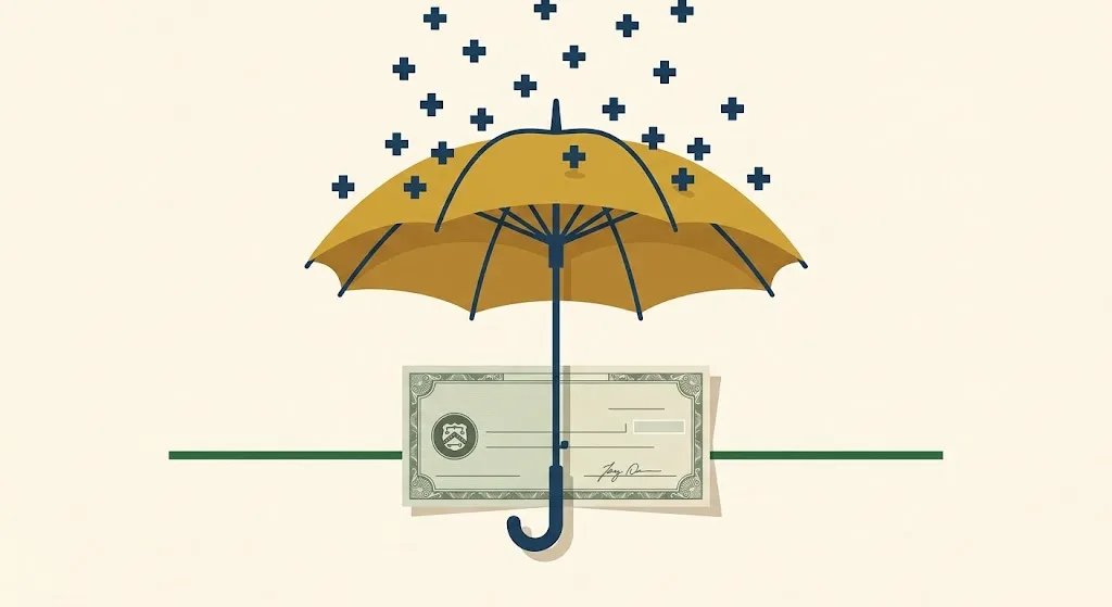 Large brass umbrella held open over a folded Treasury check, shielding it from a rain of small medical crosses while a sage line under the check stays level — the Medicare hold-harmless provision protecting Social Security benefits.