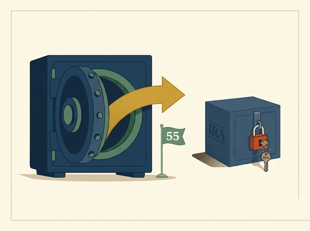 A navy retirement plan vault stays put while a mustard arrow exits a 401(k) door at age 55 — the rule of 55 keeps the money in the plan you just left, penalty-free.