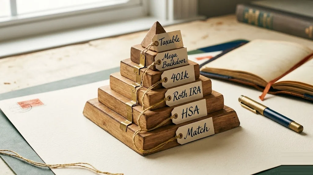 Small stepped wooden pyramid on a paper-cream desk with fountain-pen tags ascending from Match to HSA to Roth IRA to 401(k) to Mega Backdoor to Taxable — tax-advantaged account funding hierarchy.