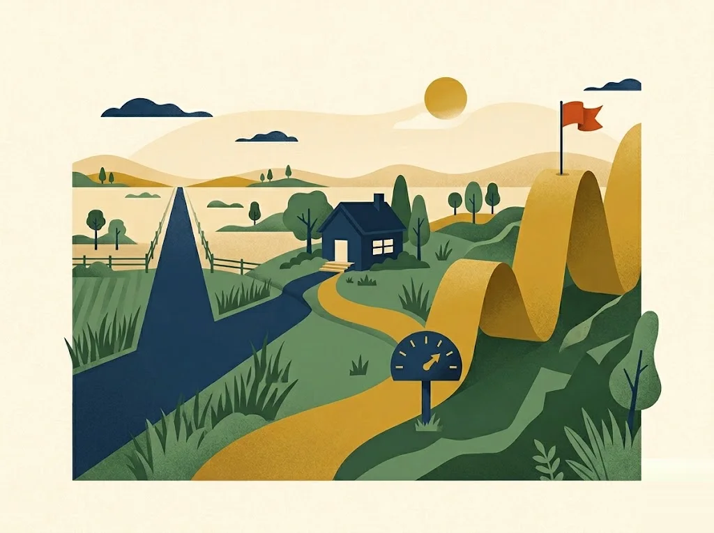 Two paths leave a navy house: a straight fixed-rate road and a path that starts lower then climbs in mustard waves past a rate dial — the fixed versus adjustable mortgage trade-off.