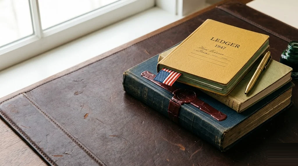Two stacked ledger booklets on a leather pad, top bookmarked with a small American flag in mustard, bottom sealed with a red wax cross — federal versus private student loan refinance decision.