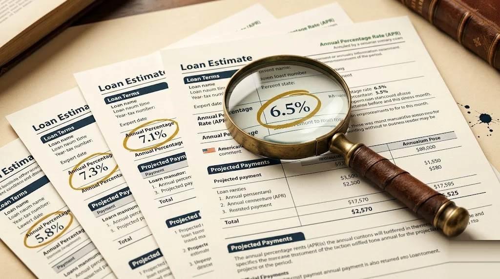 Multiple Loan Estimate forms fanned across a paper-cream desk with the APR number circled in mustard ink on each, a brass magnifying glass on the top form — how to shop a US mortgage with Loan Estimates.