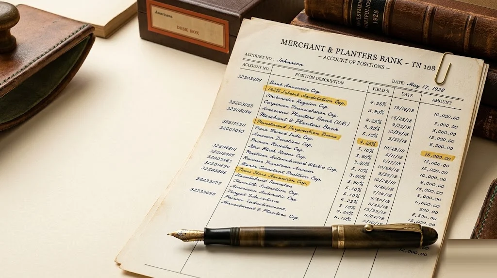 Vintage bank statement page showing multiple sweep-account positions with yield columns, a brass paperclip at the corner, and a fountain pen across the bottom — brokerage cash sweep yields compared.