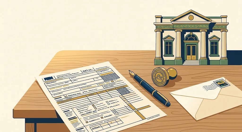 Government paper form on a wooden desk with a fountain pen, a round brass certification stamp and a sealed envelope, a small bank facade behind — FS Form 5511, the certified paper transfer out of TreasuryDirect.