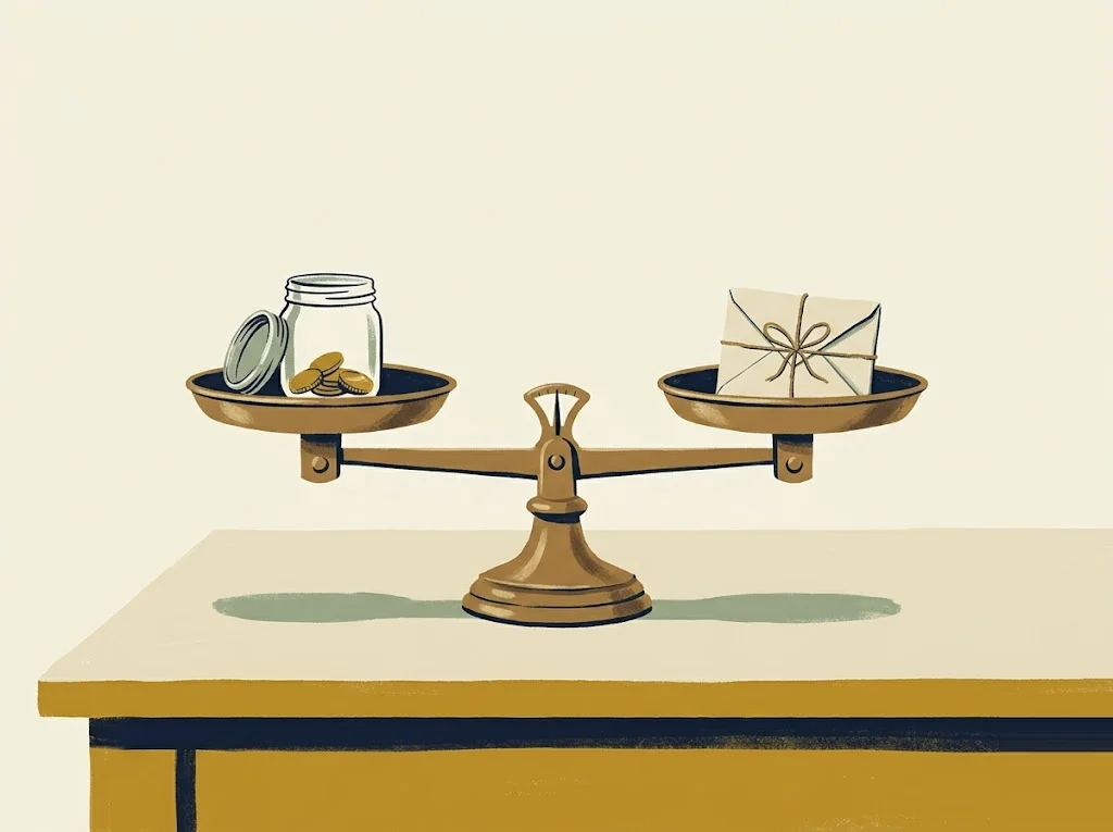 Editorial illustration of a vintage brass two-pan balance scale resting on a paper-cream surface, perfectly horizontal, with a small glass jar of brass coins on the left pan and a folded envelope tied with twine on the right pan, suggesting an equilibrium or break-even comparison between two savings options.