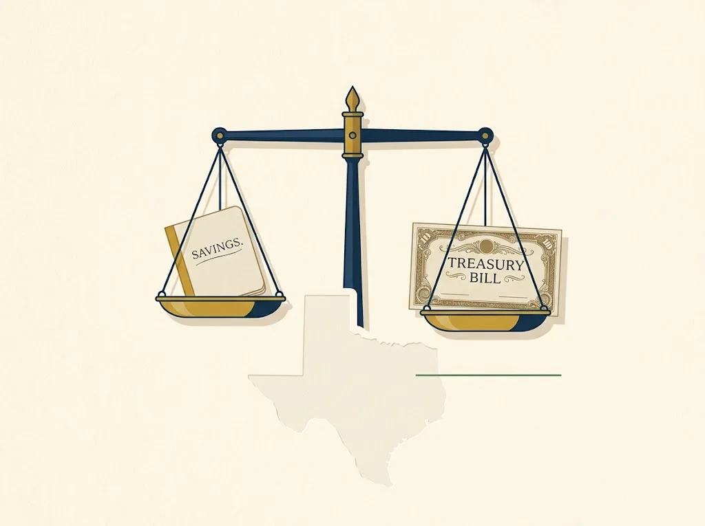 A brass balance scale weighing a savings passbook against a Treasury bill certificate over a faint US state outline on cream paper — HYSA versus Treasury bills and the state-tax exemption.