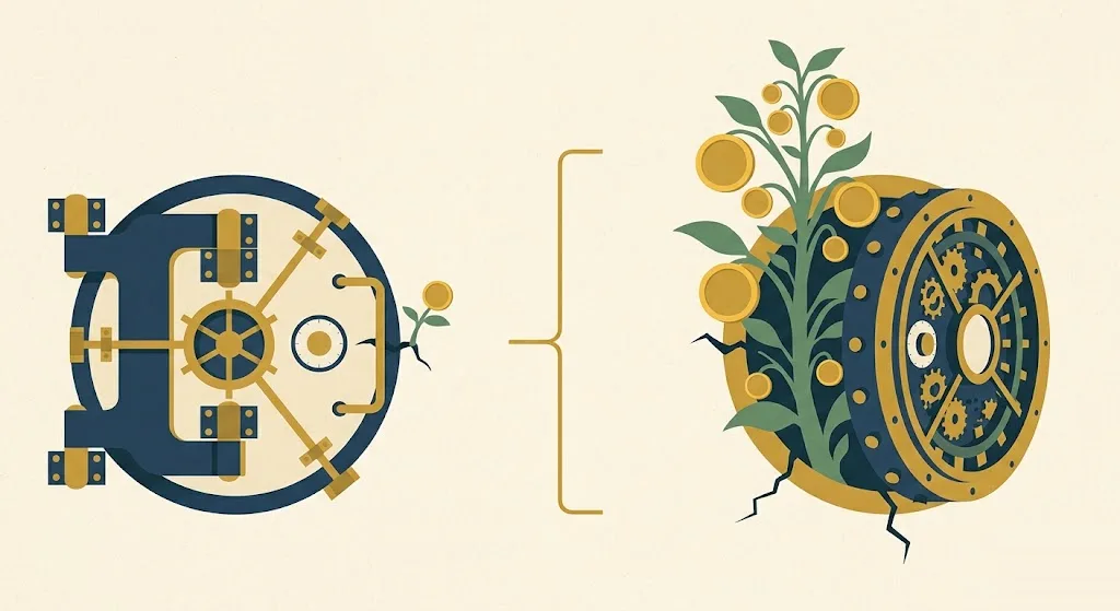 Two bank vault doors on a cream wall, one sprouting a single coin and the other a tall plant heavy with coins, a gold bracket marking the wide gap between them — the gap between average savings rates and what banks can pay.