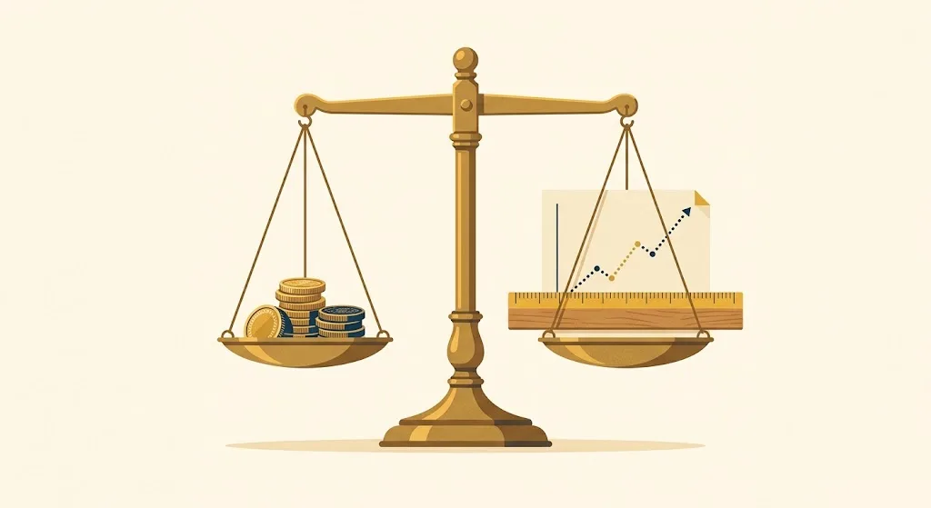 Brass balance scale weighing a stack of coins against a chart with an ascending dotted line and a ruler marking a gold threshold — projecting the 2027 401k and IRA contribution limits from CPI data.
