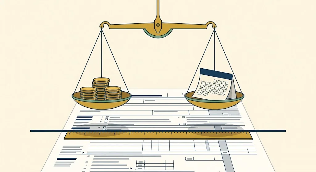 Brass balance scale weighing gold coins against a calendar page above a tax form and a ruler marking a threshold — the projected 2027 Roth IRA and IRA deduction phase-outs.