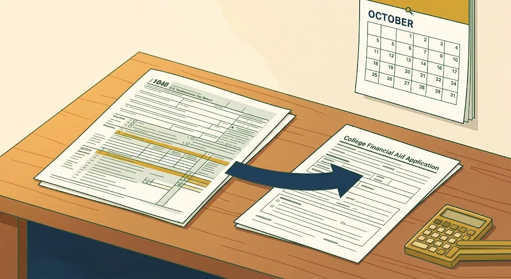 Form 1040 with three lines highlighted in gold and a navy arrow leading to a college financial aid application, an October calendar above — the 2025 Form 1040 lines that feed the 2027-28 FAFSA Student Aid Index.