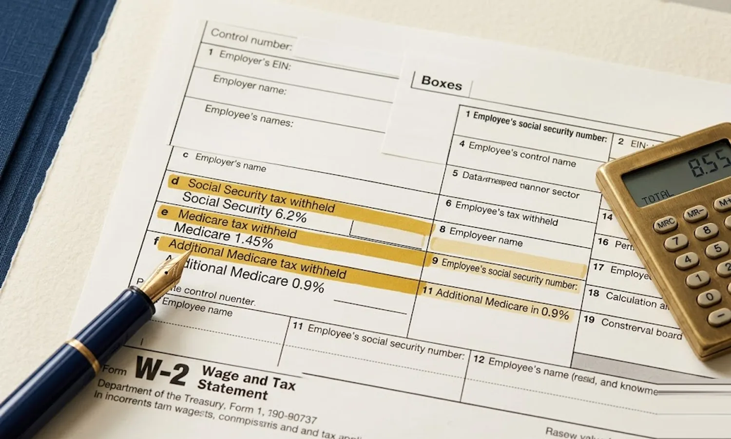 W-2 form fragment on a cream desk with Social Security 6.2 percent, Medicare 1.45 percent, and Additional Medicare 0.9 percent highlighted in mustard ink — FICA payroll taxes explained.