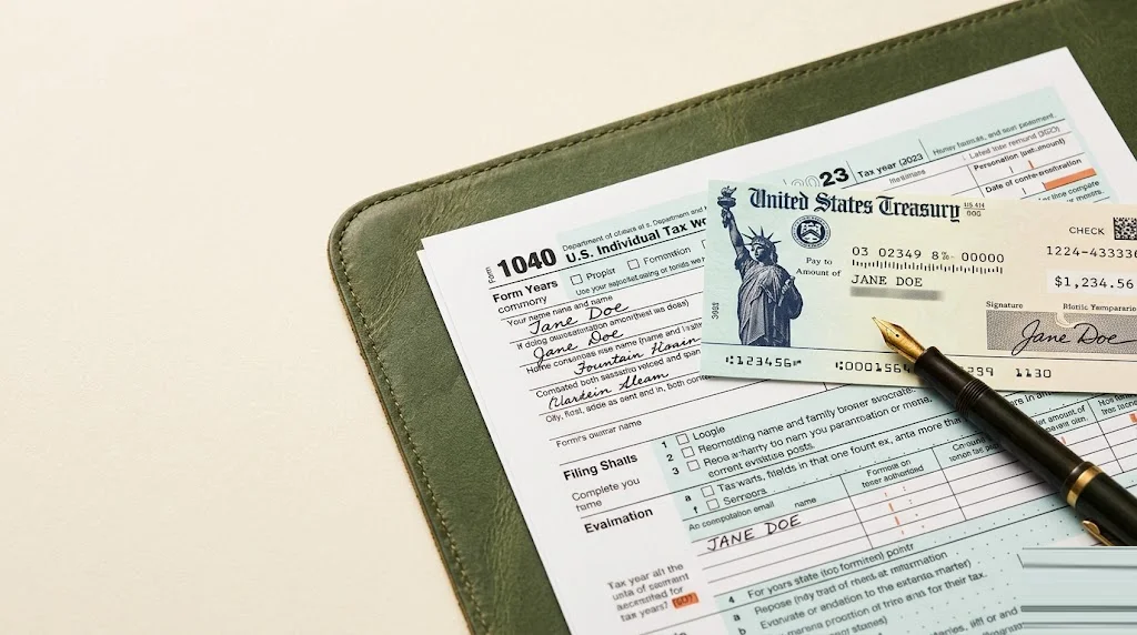 Completed Form 1040 paper return on a leather desk pad next to a small US Treasury refund check with a fountain pen at the corner — first-time tax filing walkthrough for US returns.