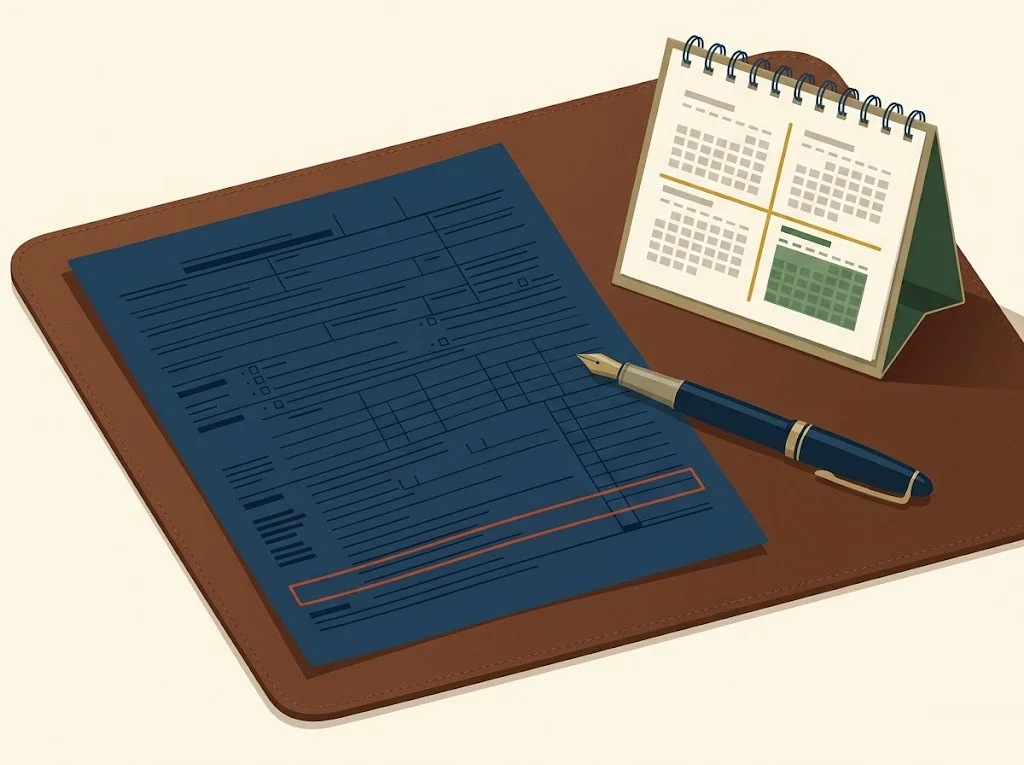 Editorial illustration of the Form 2210 underpayment penalty computed as quarterly interest on each estimated-tax shortfall at a rate that resets every quarter