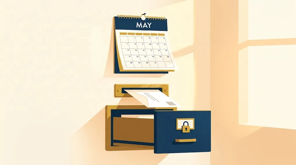 Wall calendar flipped to May as a document arrives through a brass mail slot above a locked filing drawer — Form 5498 IRA contribution information, a document to keep rather than file.