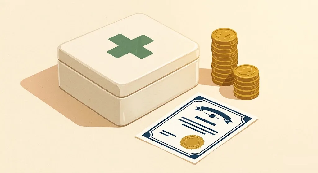 Cream first-aid box with a sage cross beside two coin columns of different heights and an official document with a gold seal — the two tiers of the 2027 HSA contribution limits.