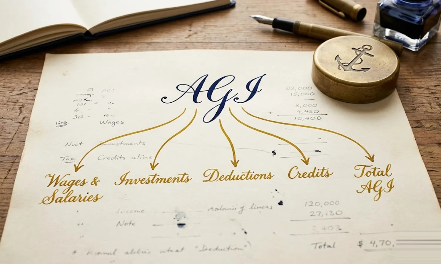 Tax worksheet on cream paper showing AGI circled at the top with five diverging arrows pointing to different MAGI labels — modified adjusted gross income and its multiple definitions.