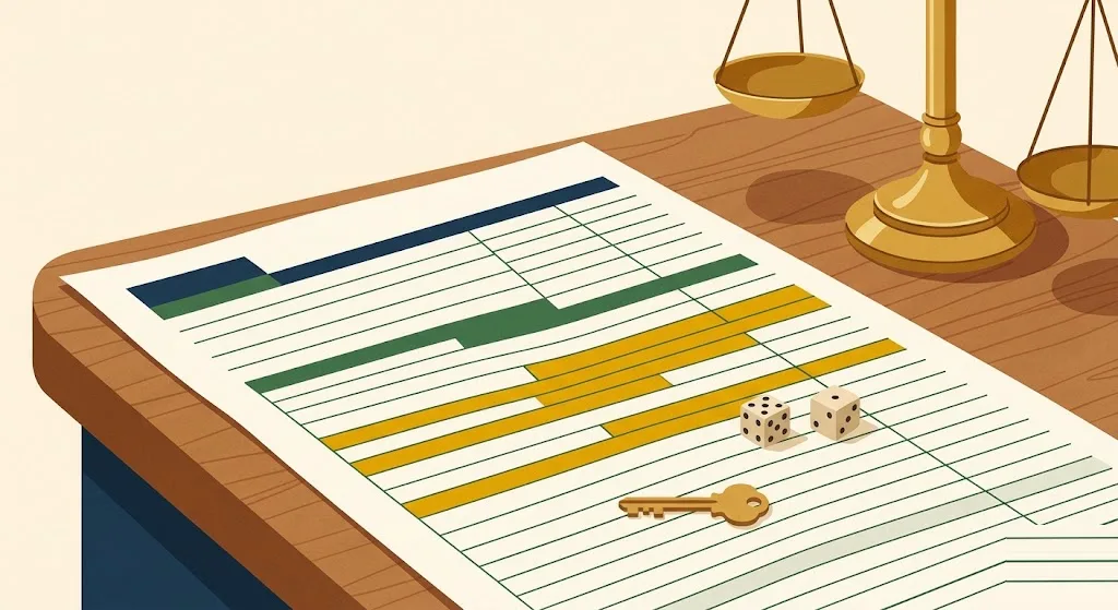 Long itemized tax schedule on a wooden desk with several rows highlighted in gold, a house key and a pair of dice resting on the page beside a brass balance scale — the 2026 draft of Schedule A and the itemized-deduction lines that changed.