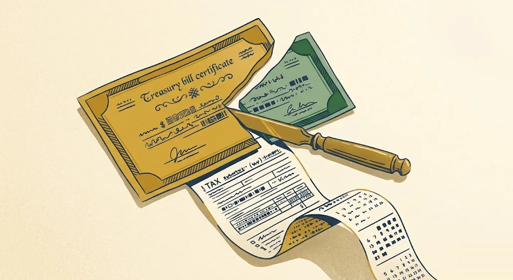 Treasury bill certificate divided by a brass letter opener into a larger gold slice and a smaller sage slice, with a tax form and a strip of calendar days beneath — how a T-bill sold early splits into ordinary interest and capital gain.