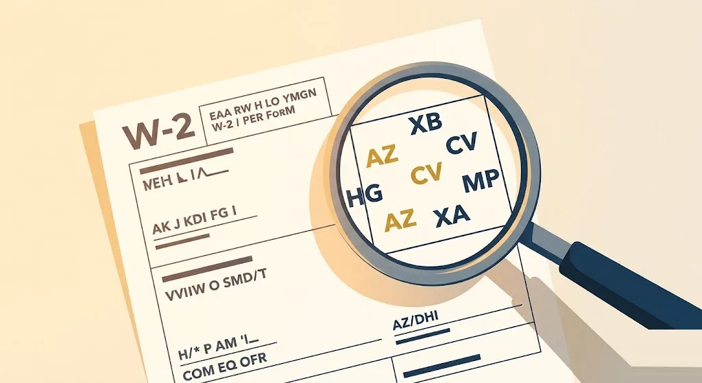 A W-2 form with box 12 highlighted beside a car loan statement and a tip jar, representing the codes and documents Schedule 1-A's tips, overtime and car-loan-interest deductions are built from.