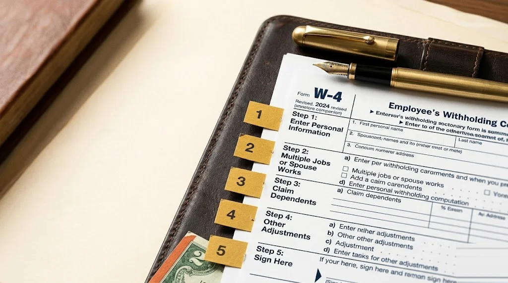Blank Form W-4 on a leather desk pad with each of its five numbered steps marked by mustard tabs in the margin and a fountain pen across the top — Form W-4 withholding mechanics line by line.